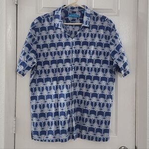 Tori Richard Men's Blue & White Pineapple Print Cotton Lawn Shirt - Size Large